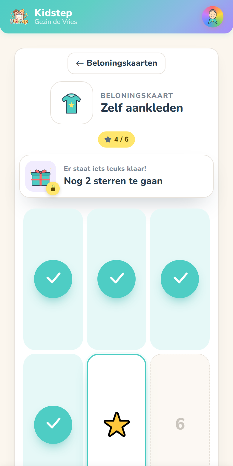 Beloningskaart Zelf aankleden met vier van de zes vakjes gevuld en een cadeautje als beloning.