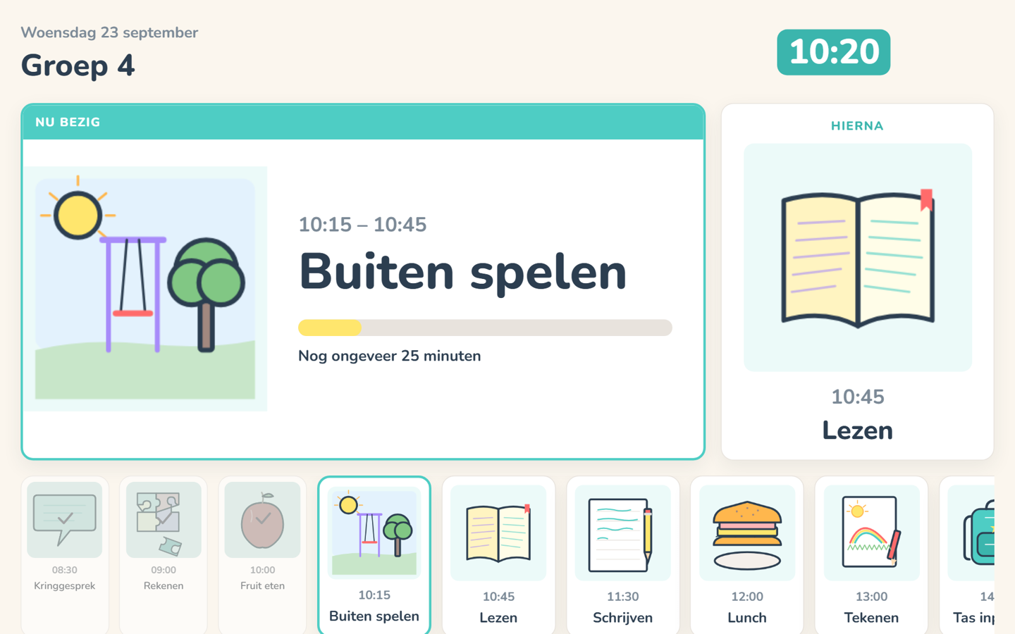 Klasweergave van Groep 4 op het digibord: nu bezig met buiten spelen, hierna lezen, met een tijdlijn van de dag eronder.