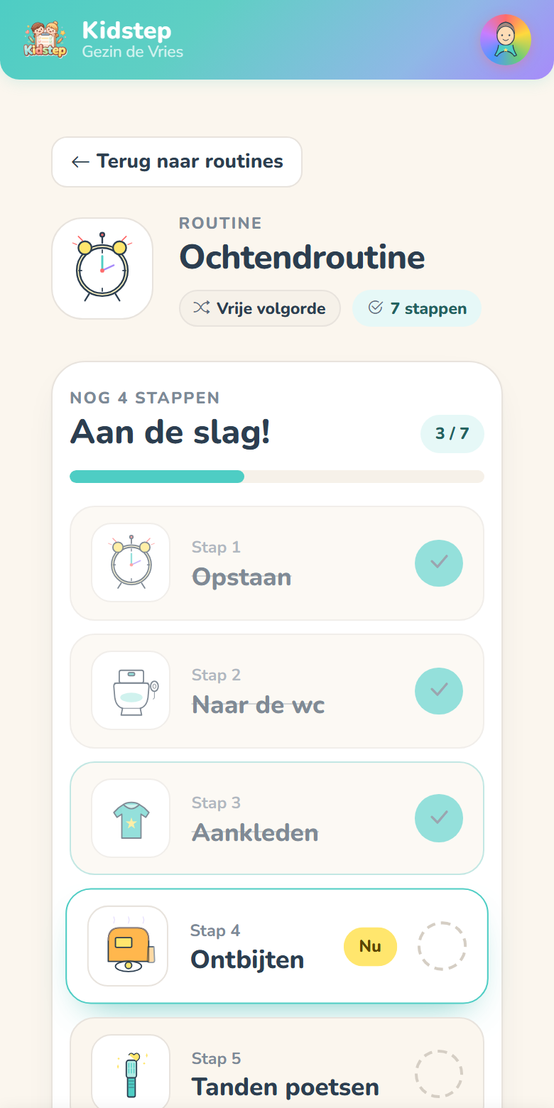 De ochtendroutine met afgevinkte stappen opstaan, naar de wc en aankleden, en daarna haren kammen en ontbijten.